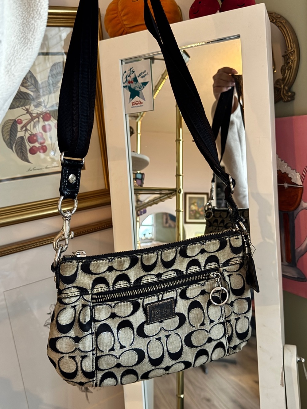 Coach Metallic Silver & Black Signature Shoulder Bag - Picture 2 of 6